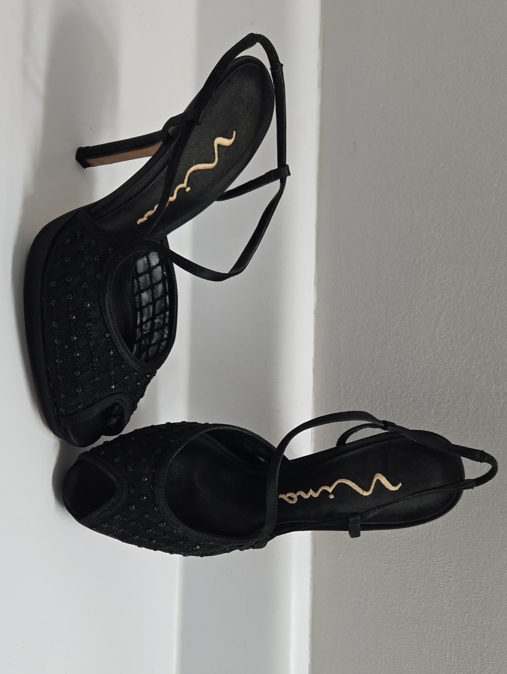 Nina, Size 7.5 Black Beaded Peep-Toe Slingback Heels